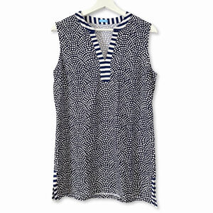 J.McLaughlin Boca Sleeveless V-Neck Navy White Print Band Collar Tunic Top